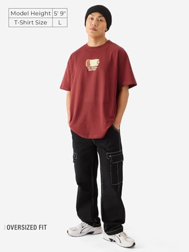 Image of The Souled Store No Social Battery Men and Boys Short Sleeve Round Neck Maroon Graphic Printed Cotton Oversized T-Shirts