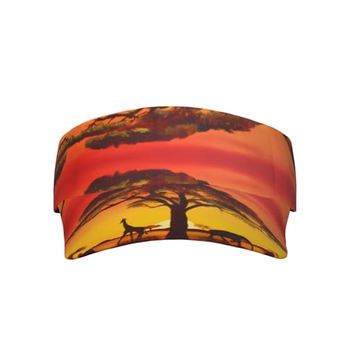 Visera deportiva con estampado de atardecer de animales africanos con ala curvada ajustable para tenis, golf y correr, color negro