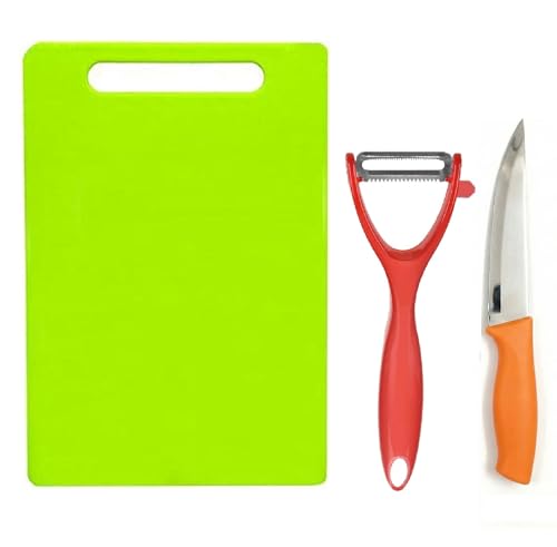 Image of Freshome Medium (33 x 20 cm) Plastic Chopping Cutting Board for Kitchen (3 PC Set) Vegetables, Fruits & Cheese, with Knife and Vegetable Peeler BPA Free, Assorted Colours, (Medium)
