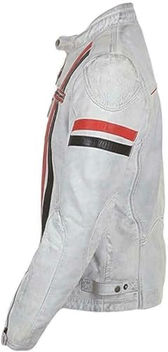 Men’s Vintage Racing Speed White Bomber Biker Costume Motorcycle Stripe Lambskin Leather Jacket2