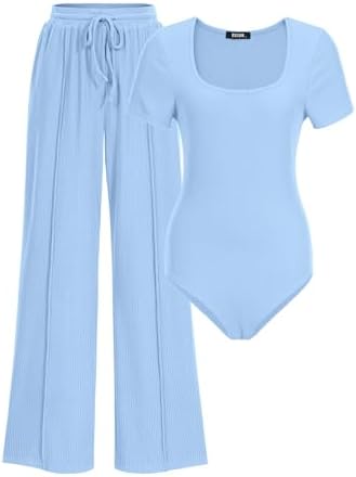 BTFBM Womens Spring 2 Piece Outfits 2026 Square Neck Short Sleeve Bodysuit Drawstring Pants Knit Lounge Matching Sets