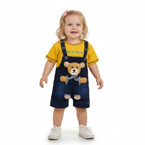 Image of A.T.U.N. (ALL THINGS UBER NICE) Baby Girls Cotton Denim Dungaree Set with 3D Teddy Bear Design |Printed T-Shirt with Adjustable Straps | Stylish & Comfortable Daily Outfit for Baby Unisex
