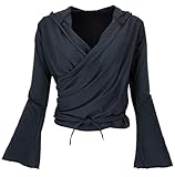 GURU SHOP Wickelshirt, Yogashirt, Langarmshirt mit Trompetenärmeln - Schwarz...