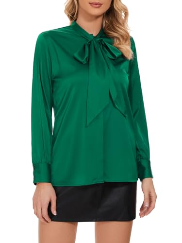 Women's Satin Blouse Long Sleeve Bow Tie Neck Button Down Shirts Casual Office Work Blouse Tops Green XS — view 3