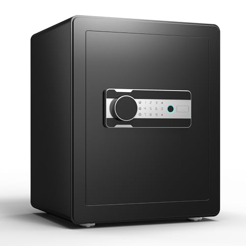 SUPEER金庫 家庭用 小型 指紋認証金庫 警報アラーム 緊急キー付き 壁に固定可能 取り外し可能な棚 日本語説明書は本体の内部に付き45L 幅38cm x 奥行32cm x 高さ45cm ブラック