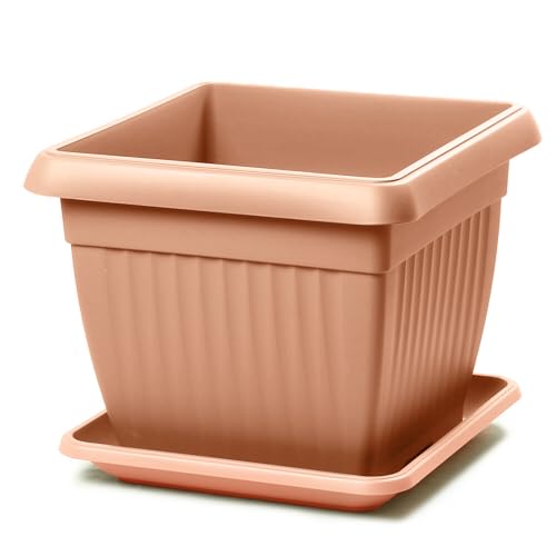 IMJ-Global Vaso Fioriera con Sottovaso per piante Fiori TERRA DKWT24-PKWT22 H20 da interno esterno Quadrato Terracotta 7 Litri 24x24x20 cm design Classico in plastica da balcone