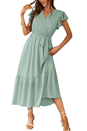 PRETTYGARDEN Women's 2024 Floral Boho Dress Wrap V Neck Short Sleeve Belted Ruffle Hem A-Line Flowy Maxi Dresses (Solid Green,Medium)