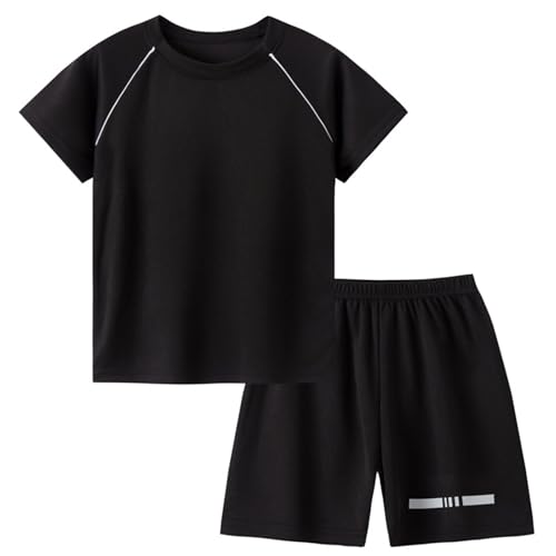 Mjjsk Ragazzi T Shirt Shorts Set Bambini 2 Pezzi Abiti Estivi Bambini Abbigliamento Atletico Set Scuola Tute Casual Sport Calcio Set, Nero , 9-10 Years