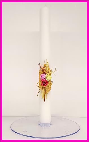 Vela (CIRIO) para Bautizo Medida 3X 30 CM Decorada con Pick Floral Rustico Rosa. (SIN Personalizar)