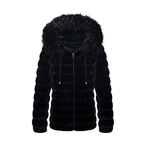 BELLIVERA Women Double Sided Faux Fur Jacket with Fur Collar, Winter Warm Puffer Coat Padded Hooded Overcoat 19225 Black XXL Cover