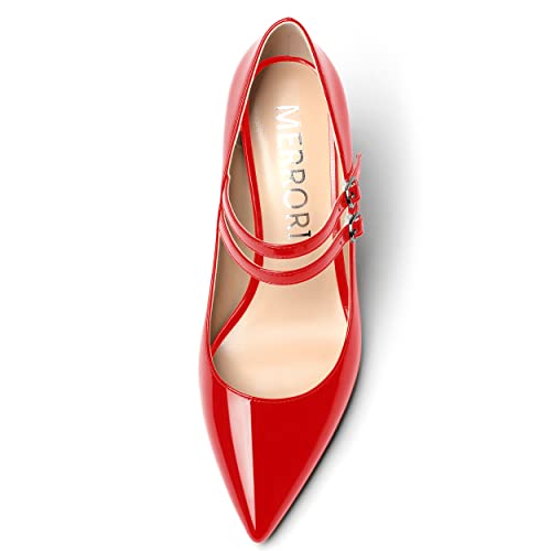 MERRORI Women's Patent Pointed Toe Block Adjustable Strap Buckle Solid Chunky High Heel Pumps Shoes 3.3 Inch3