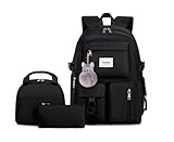 Teecho Waterproof School Backpack Set for Girl Fashion Women Backpack Purse College Bookbag Black