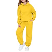 Couawaticy Kids Girls Boys Yellow Tracksuit Plain Fleece Hooded Top With Bottom Joggers Jogging Suit Outfit Set For Children Age 2-14 Years