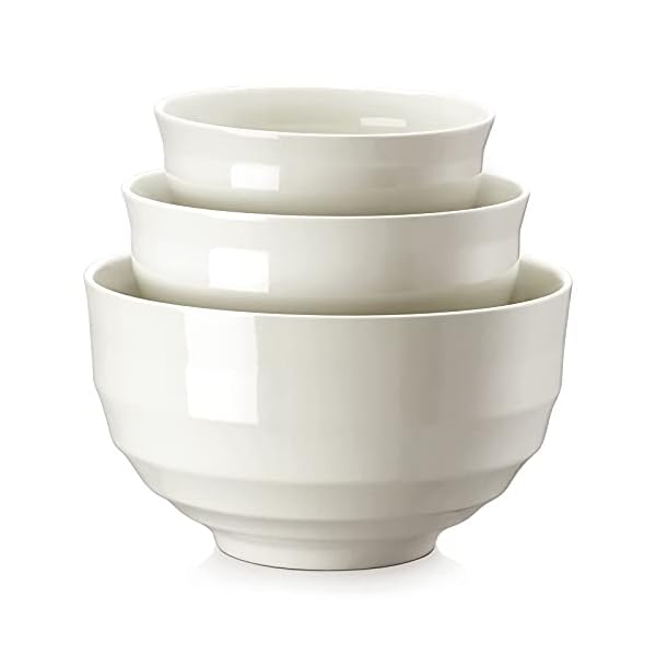 DOWAN Ceramic Mixing Bowls for Kitchen, Size 3.5/1.9/1.2 Qt Large Serving Bowl Set, Microwave and Dishwasher Safe, Sturdy & No Scratch, Nesting Bowls for Space Saving,Creme White