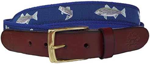 No27 Mens Nautical Striped Bass Fish Leather Style Belt, Ribbon Belt, Webbing Belt, Striped Bass Fish Belt
