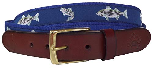 Mens Nautical Striped Bass Fish Leather Style Belt, Ribbon Belt, Webbing Belt, Striped Bass Fish Belt