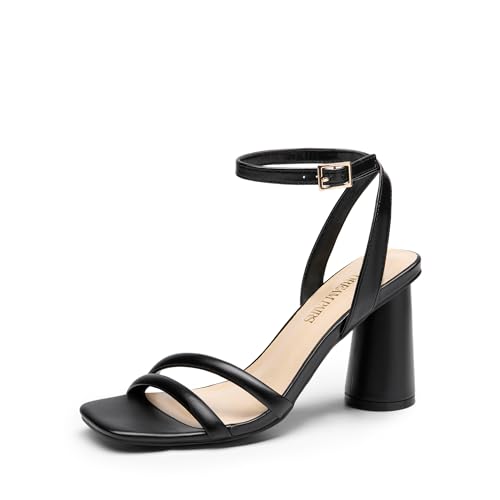 DREAM PAIRS Women's Strappy Round Heels Open Square Toe Ankle Strap Party Sandals Dress Shoes 7 Black-pu