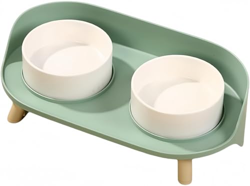 Slystar 猫 犬 食器台 エサ入れ 餌台 水ボウル 浅広口タイプ 陶器 2付き食べやすい斜め餌台面 餌入れ 水飲み 滑り止め おしゃれ 木製スタンド 食べやすい形状 衛生耐汚れ 食事台 ペットエサ入れ ペットの首への負担軽減 (グリーン)