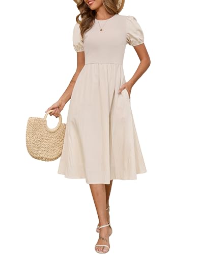 Zattcas Womens 2025 Spring Summer Short Sleeve Ribbed Knit Flowy Midi Dresses Modest Fit and Flare A Line Easter Church Teacher Outfits Business Casual Work Dresses Apricot M