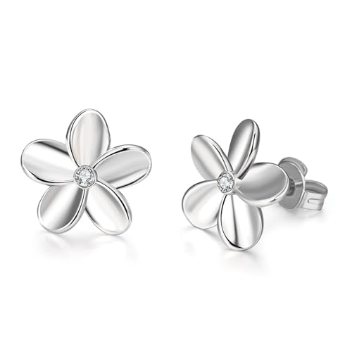 FloralGrace Pendientes florales de plata de ley 925, aretes de plumeria para mujer, pendientes de zirconia floral, joyería regalo para cumpleaños Navidad (plata)