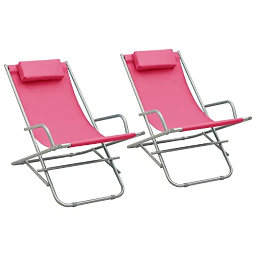 vidaXL 2X Chaises à Bascule Chaise Longue de Jardin Bain de Soleil de Terrasse Camping Patio Extérieur Pliable Inclinable Acier Rose