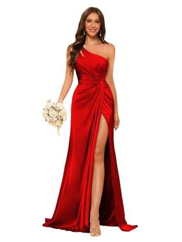 Image of vintys Women's One Shoulder Ruched Bridesmaid Dresses Long with Slit Satin Formal Prom Dress VS117