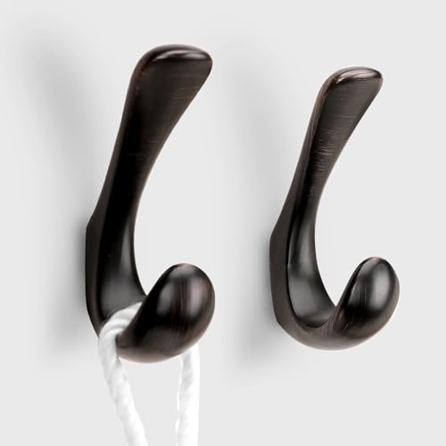 Metaliby 2 Pack Towel Hooks for Bathrooms Wall Mounted, Oil Rubbed Bronze Bathroom Hooks for Towels, Robe & Towel Hook for Wall, Modern Bath Towel Hook
