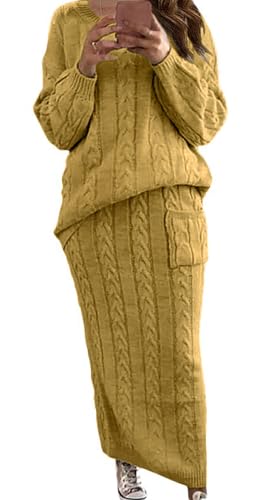 Image of CHARTOU Women's Winter Chunky Cable Knit Long Skirt 2 Piece Outfit Sweater Sets