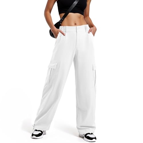 Cargo Pants Women Baggy Pants Y2K Parachute Pants with Multiple Pockets Trendy Lightweight Pants XL White for Woman