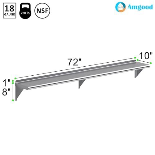 Image of AmGood 10 in. x 72 in. Stainless Steel Wall Shelf | NSF | Metal Shelving | Garage, Laundry, Storage, Utility Room | Restaurant, Commercial Kitchen