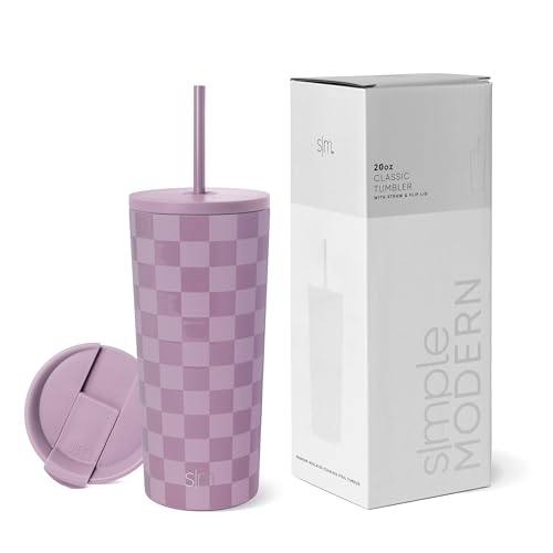 Image of Simple Modern Insulated Tumbler with Lid and Straw | Iced Coffee Cup Reusable Stainless Steel Water Bottle Travel Mug | Gifts for Women Men Her Him | Classic Collection | 20oz | Lavender Checkmate
