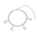 Ayoiow Tobillera de cobre para mujer, cadena de tenis de doble fila con colgante de luna y estrella, tobilleras para mujer, joyería de playa, tamaño ajustable 21,5 + 10 cm, 1 pieza, Cobre, Circonita