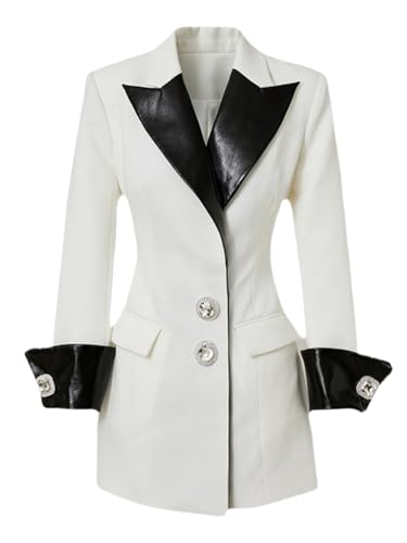 Women Leather Stitched Diamond Button Full Sleeve Ladies Blazer Contrast Party Coat Women Long Suit Jackets