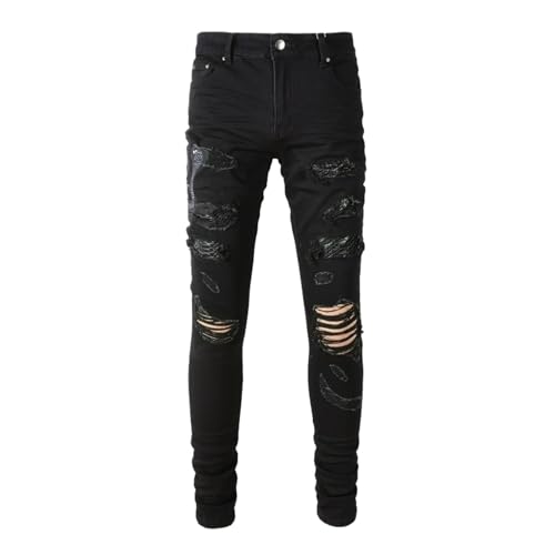 Jeans Pants Trousers Denim Ripped Worn Holes Elastic Tight Personality Embroidered Snake Fold Fringed Black Casual Straight Leg for Men(Black,29)