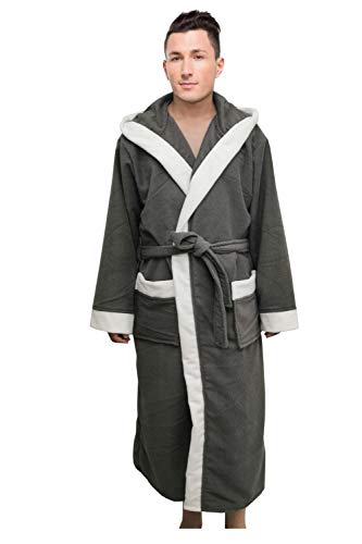 Men’s Hooded Style Designer Dressing Gown Bathrobe, Housecoat Loungewear Super Soft Luxury Microfiber Terry Cotton, Warm, Cosy Fleece Nightwear Robe, Spa Hotel Sleepwear (S / M, Grey)