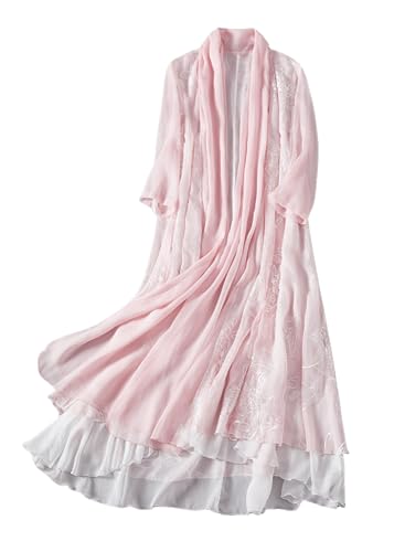 OPOB Women's Cardigan, Womens Chinese Style Chiffon Embroidery Pea Coat (Hanfu) (Pink,One_Size)