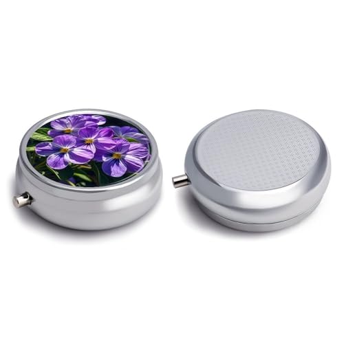 Round Metal Pill Box 3 Compartment Medicine Organiser Travel Pill Box Violets in Bloom Printed for Vitamins Fish Oil Supplements - Image 2