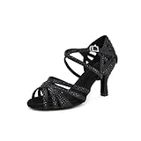 Zapatos de baile de satén sedoso para mujer, suela suave, tango, salsa, diamantes de imitación latinos, sandalias de tacón alto para boda, Tacón negro de 6 cm., 41 EU
