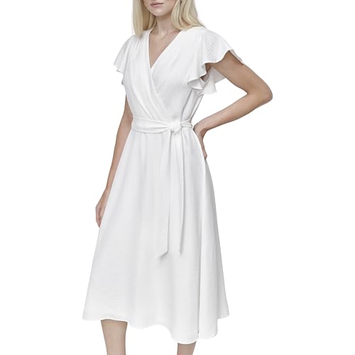 Image of DKNY Women's Flutter Sleeve Tie Fit & Flare Midi Dress