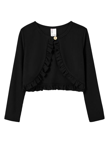 PATPAT Cardigan for Girls Bolero Size 7-8 Years Black Little Kids Long Sleeve Knit Ruffle Open Front Button Closure Cover Up Cropped Tops Girl Clothing