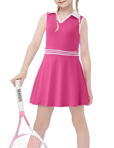 Image of Girls Tennis Dress Golf Outfit Sleeveless Athletic Dresses Polo V Neck Sport Skirt with Pockets 4-13Y