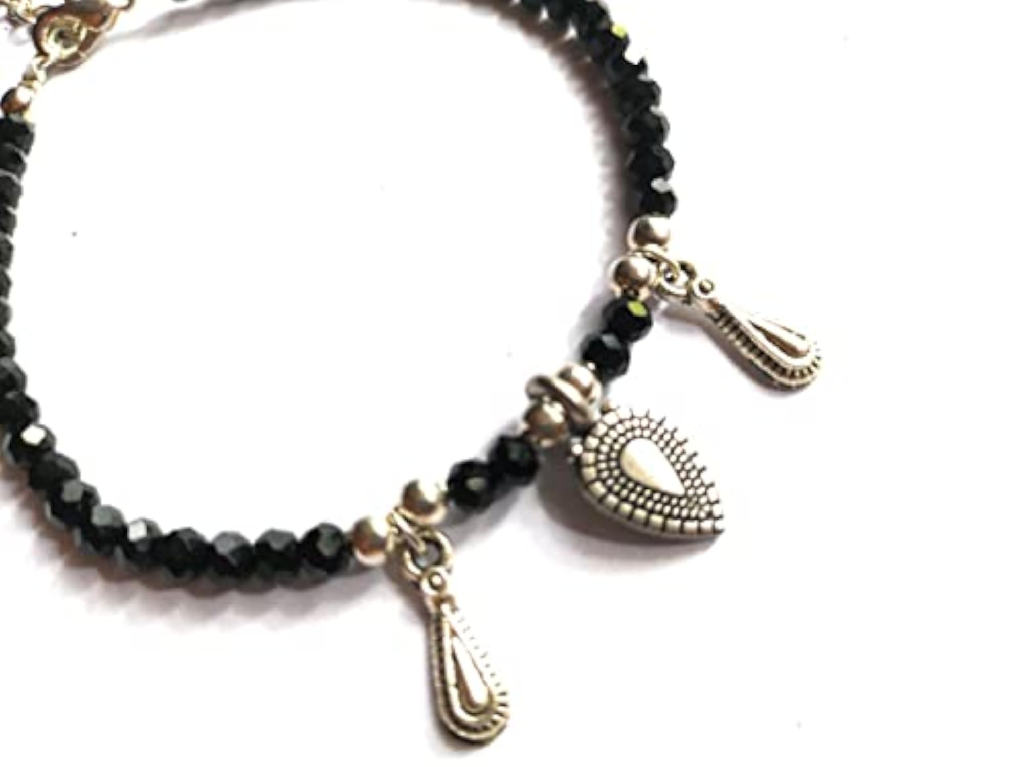 Metal Silver Artificial Hanging Leaf Chain Anklet with Glossy Black Beads