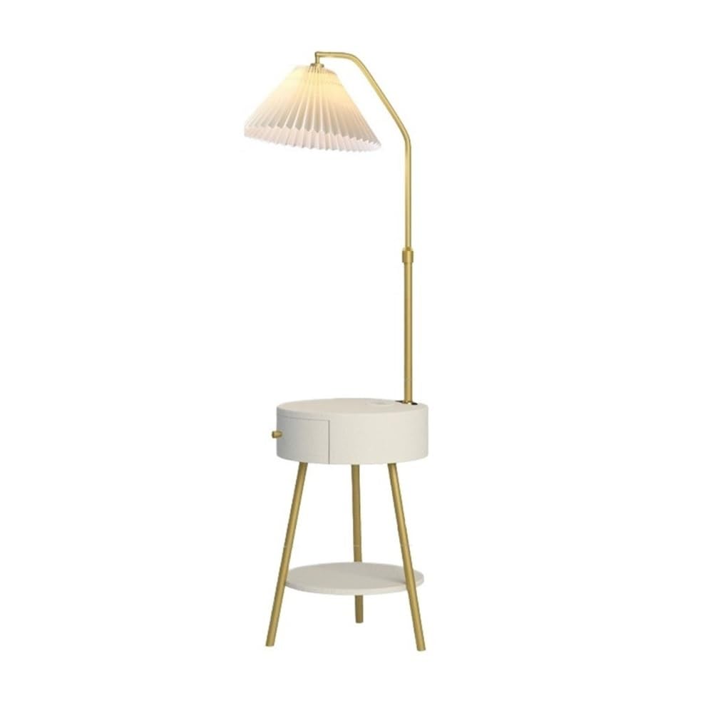 Jian1004 Floor Lamp, Floor Lamp with Table, Mid-Century Modern Nightstand with USB Charging Port and Drum Shade(White)