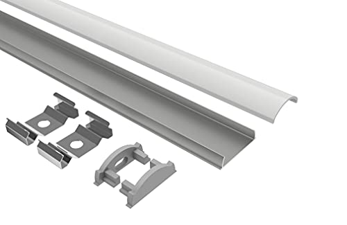 Tivendis Led Alu Profil 2 m BD Komplett Set für Strip/Streifen bis 12 mm breit | Abdeckung satiniert milchig, Endkappen, Befestigungclips | U-Form Aufputz Deckenleiste Wandprofil eloxiert
