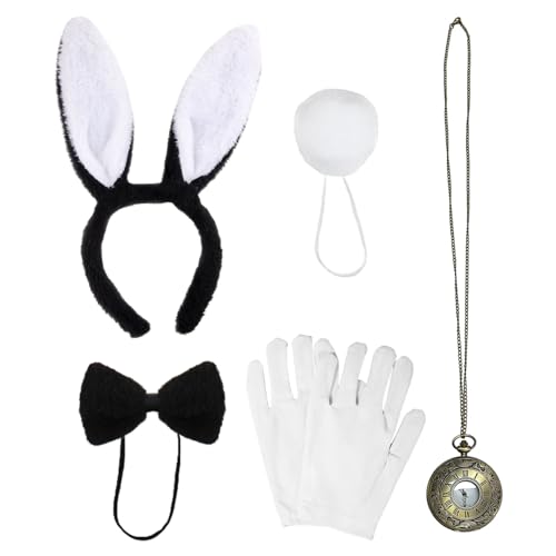 Set completo di accessori per il costume da coniglio: questo set per il costume da coniglio nero include una fascia nera con orecchie da coniglio, papillon, guanti bianchi, orologio a coda di coniglio: tutto ciò di cui hai bisogno per trasformarti immediatamente in un delizioso coniglietto.