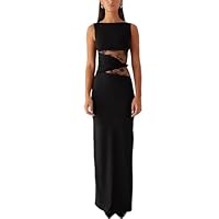 AOWVUTS Kleid Damen Sexy Ärmellose Figurbetontes Maxikleid Elegant Rundhals Bodycon Enges Bleistiftkleid Cut Out Floral Spitze Tank Lange Partykleid Festliche Hochzeit Wickelkleid Cocktailkleid