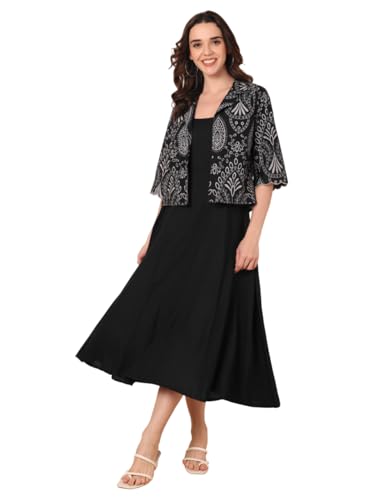Image of Azira Women Rayon Solid Fit & Flared Dress with Printed Jacket | Perfect for Casual outings, Parties Rayon Fabric|