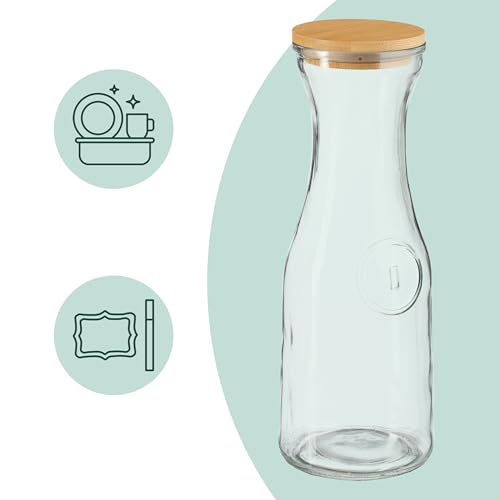 Miniatura 5 de Relaxdays Jarra Cristal, Set De 2, 1 L, Garrafa Vidrio Con Tapa Bambú, Para Agua Y Zumo, Etiquetar, Transparente Natural