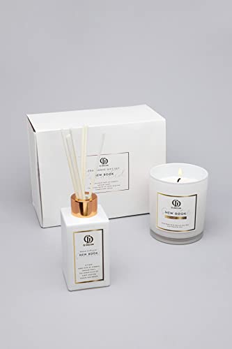 G Decor “New Book” Signature Hand-Poured Soy Wax Candle & Diffuser Gift Set Fresh Floral Scent in White & Gold