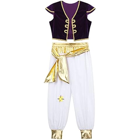 Choomomo Kids Boys Halloween Fancy Dress Up Arabian Prince Costume Cap Sleeve Vest Waistcoat with Trousers Purple 14-16 Years Cover